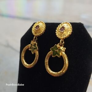 Vintage Liz Claiborne Gold Hoop Star Dangle Earrings Green Enamel Accents